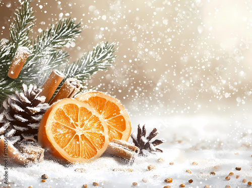 A close up of two oranges and some pine cones on a snowy background photo