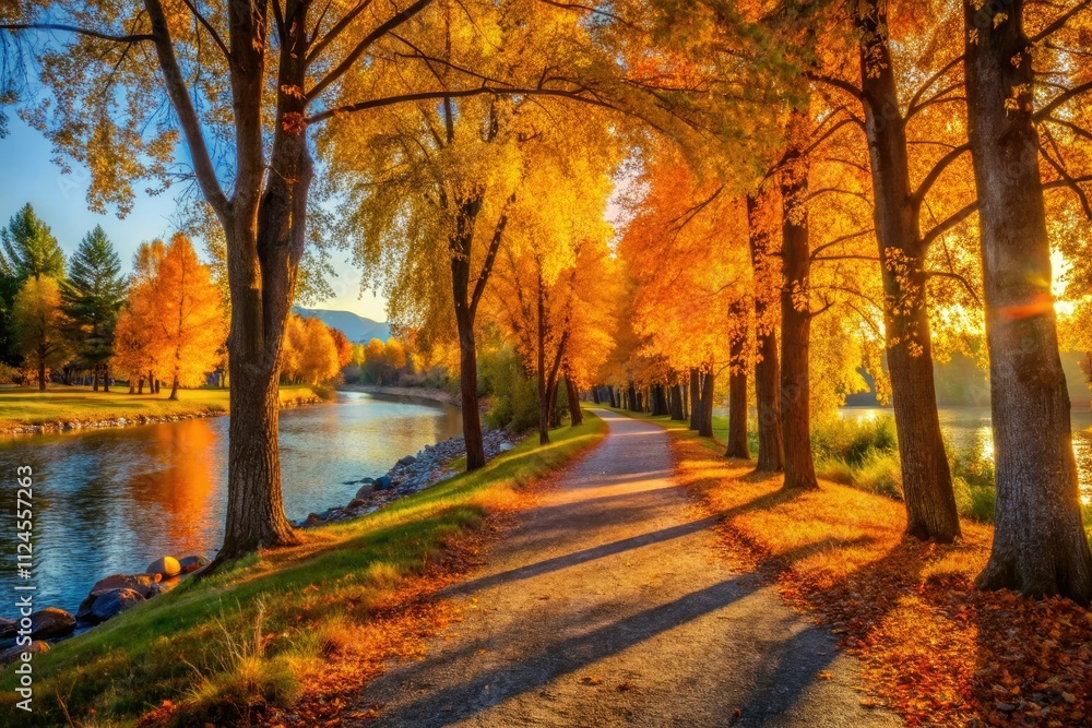 Fototapeta premium Autumn Glow Riverside Park Whitefish Montana Candid Photography Path Fall Colors Scenic Nature