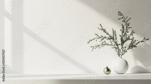 A stylish arrangement of a green branch with berries and a decorative ornament on a light-colored surface, creating a serene and elegant holiday atmosphere for decor ideas.