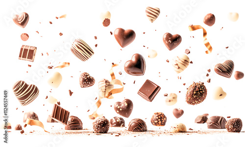 Chocolates Falling From Above Heart Shapes Various Shapes  On Transparent Background photo