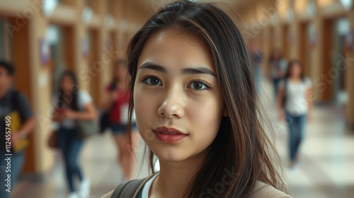 Tired female student standing in college campus hallway