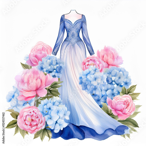 A delicate watercolor wedding illustration featuring a gown surrounded by pastel flowers, perfect for invitations.