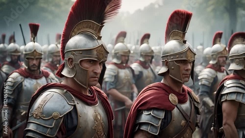 A cinematic depiction of a group of antiquity armored soldiers in formation