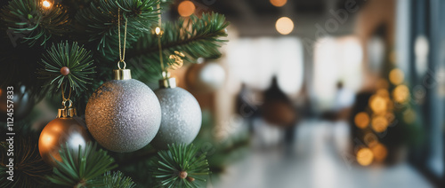 Wallpaper Mural glittering silver gold ornaments on a lush green fir tree Torontodigital.ca