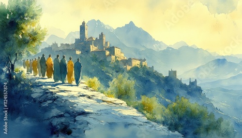 Ministry of Jesus Christ in Judea Watercolor Illustration Spirituality Faith Religion