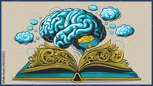 AI generative. Cartoon graphic illustration of brain and open book . 2 photo