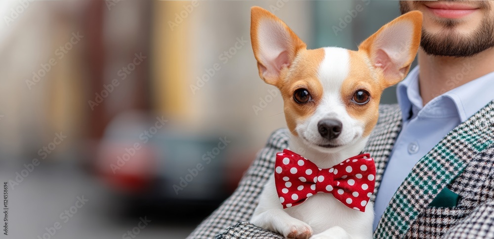A man is holding a small dog with a red bow tie. The dog is wearing a bow tie and he is happy. The man is dressed in a suit and tie, giving the scene a formal and elegant atmosphere A man is holding a small dog with a red bow tie. The dog is wearing a bow tie and he is happy. The man is dressed in a suit and tie, giving the scene a formal and elegant atmosphere