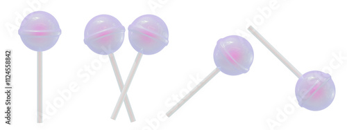 a collection of 3d cute aurora purple candies or lollipops on an isolated background, fun-loving lollipop design elements