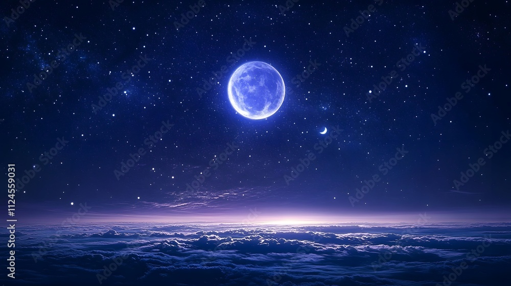 Fototapeta premium A night sky filled with stars and a glowing moon, dark blue and purple tones with vast empty space above the horizon