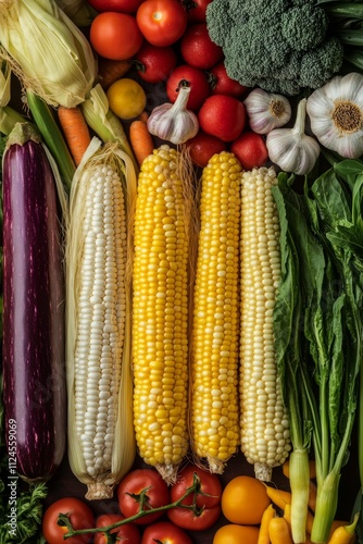 Vibrant assortment of fresh vegetables and colorful corn arrangement