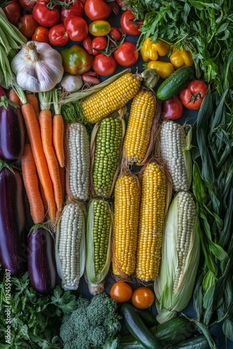 Vibrant assortment of fresh vegetables including corn, tomatoes, carrots, and garlic