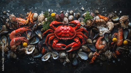 Fresh seafood feast: vibrant shellfish and crustaceans on ice
