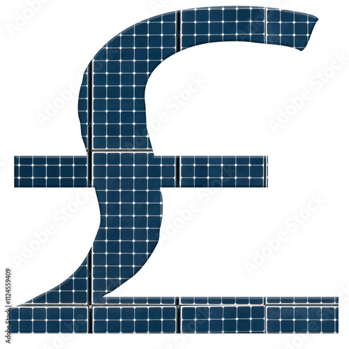 Solar energy photovoltaic panels in the shape of a UK Pound symbol.