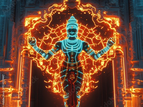 Vishnu reimagined in cybernetic form, neon lights illuminating his divine figure, blending traditional sacred patterns with high-tech aesthetics