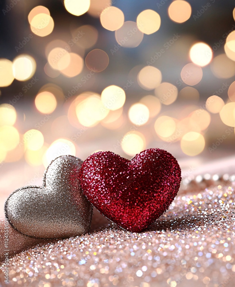 Heart valentine anniversary card concept. Two glittery hearts on a sparkling surface with a soft bokeh background. Heart valentine anniversary card concept. Two glittery hearts on a sparkling surface with a soft bokeh background.