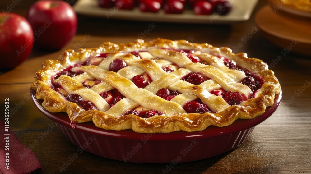 Delicious homemade cherry pie with lattice crust on rustic wooden table Delicious homemade cherry pie with lattice crust on rustic wooden table