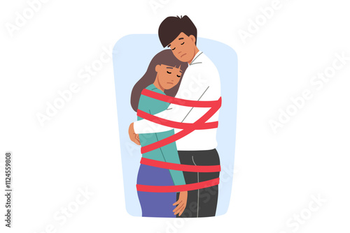 Toxic relationship between man and woman tied with rope and feeling restricted or depressed. Problem of control in toxic relationship among lovers who need help of family therapist to avoid divorce