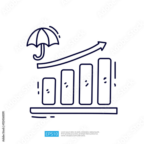 The image features a stylized upward graph with four bars, an umbrella above it, symbolizing protection and growth in a business context.