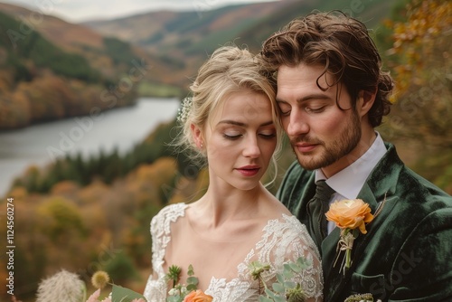 Elegant winter wedding with velvet and faux fur accents, emerald green dresses, and coordinated ties photo