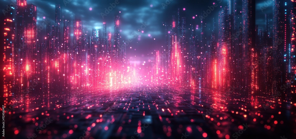 Futuristic Cyberpunk Digital Landscape with Neon Geometric Shapes and Depth of Field Effect Futuristic Cyberpunk Digital Landscape with Neon Geometric Shapes and Depth of Field Effect