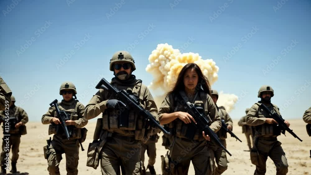 Modern soldiers in a dusty warzone, fully equipped and facing the camera in military formation. Concept Military Photoshoot, Warzone Setting, Soldier Portraits, Military Formation, Dusty Environment Modern soldiers in a dusty warzone, fully equipped and facing the camera in military formation. Concept Military Photoshoot, Warzone Setting, Soldier Portraits, Military Formation, Dusty Environment