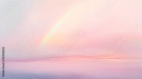 A soft pastel rainbow arcing across the sky, with a calm, empty landscape below and large space for text