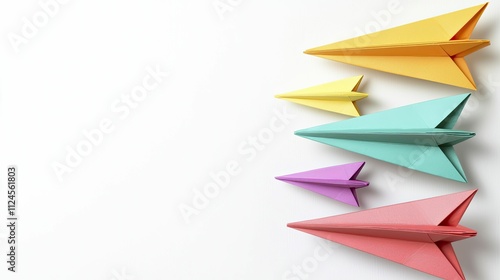 Vibrant paper airplanes gliding across a pristine white backdrop, symbolizing connection and innovation in motion.