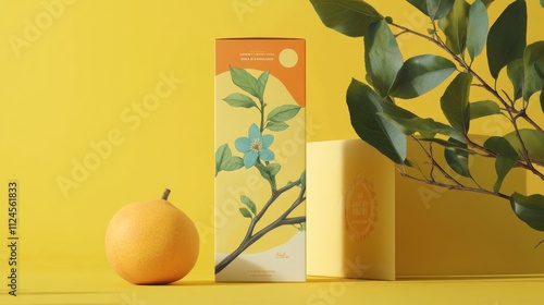 Minimalist citrus packaging design with pear and vibrant green leaves photo