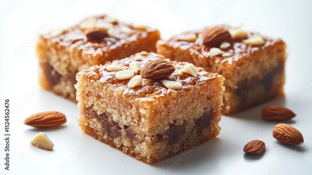 Almond Topped Square Pastries Minimalist Still Life Dessert on White Background Almond Topped Square Pastries Minimalist Still Life Dessert on White Background