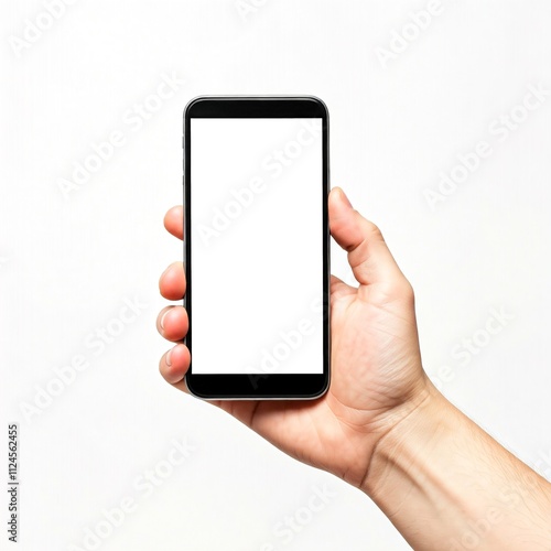 Hand Holding Modern Smartphone with Blank Display on White Surface