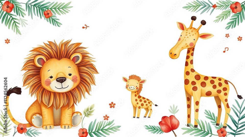 Obraz premium Watercolor set of cute tropical animals including lion, giraffe, and elephant on a white background, perfect for children's holidays, textiles, and postcards, children's, animals