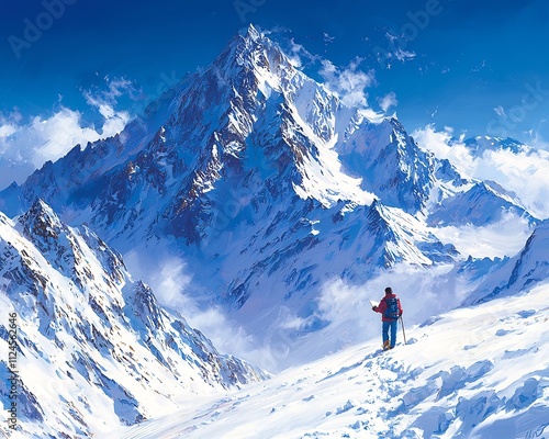 Mountaineer Stands Before Majestic Snow Capped Peak Amidst Serene Wilderness photo