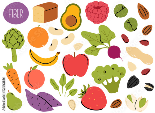 Healthy diary rich food containing fiber. Collection of fiber food sources