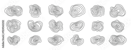 Organic textures of mountains set topographic lines. Abstract wooden round shapes. Vector scribbles