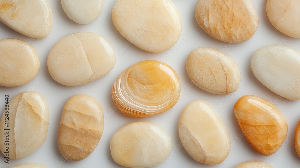 A collection of smooth, polished stones in soft beige and cream tones, arranged closely together on a light background. A collection of smooth, polished stones in soft beige and cream tones, arranged closely together on a light background.