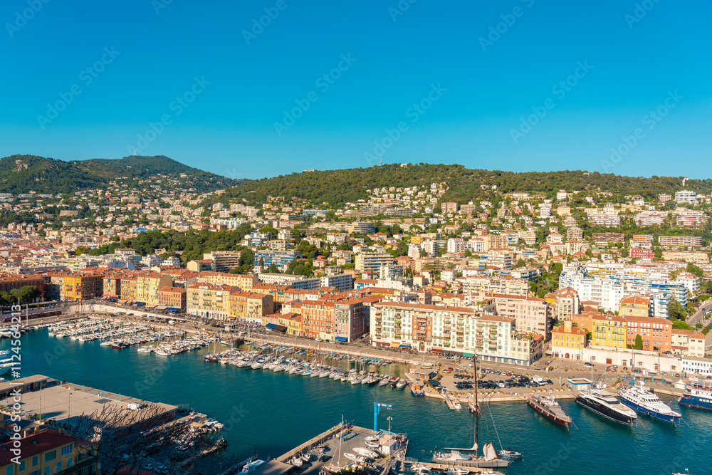 Panorama of Port Nice Lympia Quai from above, Nice, France.