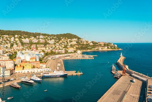 Phare de Nice and the Port Lympia Quai with the Ferry Terminal in Nice, France.