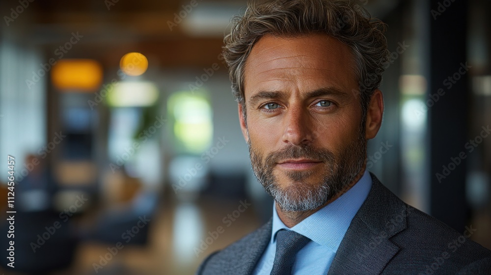 Professional portrait of businessman in modern office setting with natural lighting and blurry background Professional portrait of businessman in modern office setting with natural lighting and blurry background