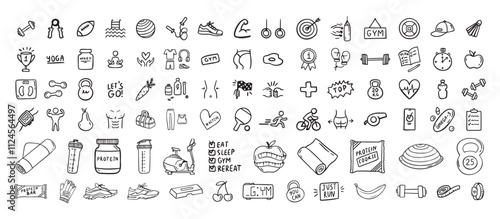 Fitness, sport and health icons doodle hand drawn set. Healthy lifestyle isolated symbols