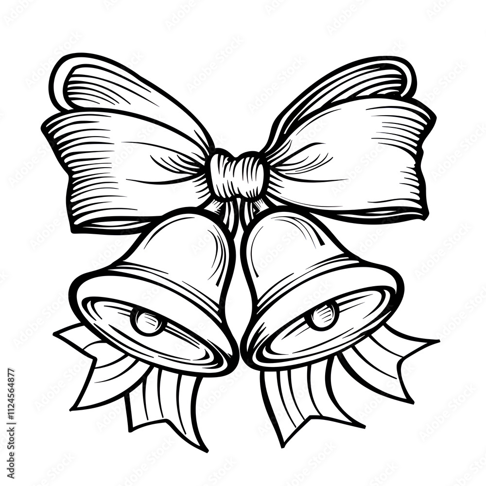 An isolated hand-drawn bell with a bow. Flat illustration on a white background. New Year, Merry Christmas. For postcards, invitations, posters, banners An isolated hand-drawn bell with a bow. Flat illustration on a white background. New Year, Merry Christmas. For postcards, invitations, posters, banners