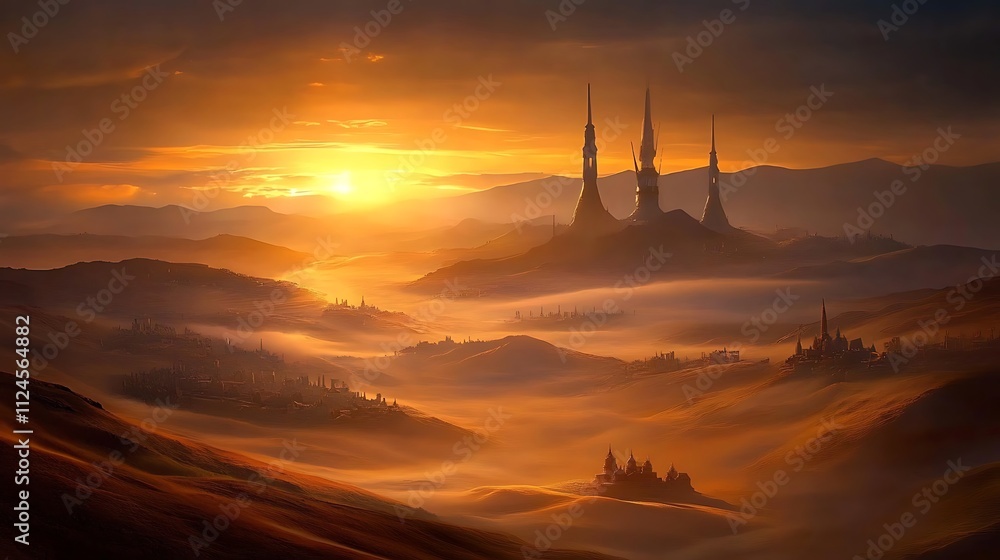 Obraz premium Golden Sunset Over Desert Cityscape With Towers