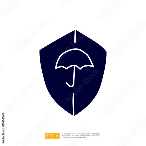 A simple graphic design featuring a shield with an umbrella icon, symbolizing protection and safety.