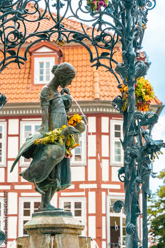 Gaenseliesel Fountain with a statue of a girl with a goose, G�ttingen, Germany, nobody photo