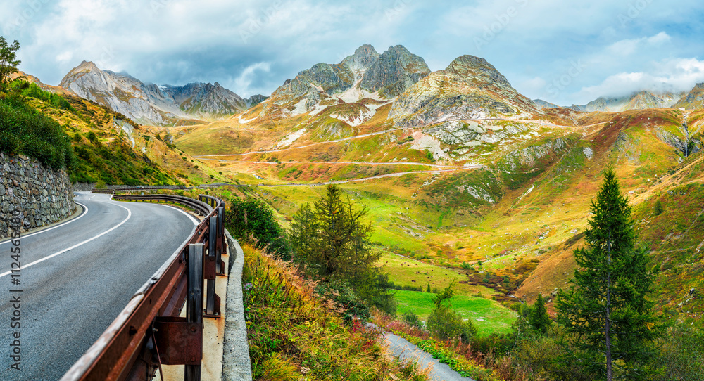 Scenic view of the road to the Great Sankt Bernhard pass in the Wallis Alps, Switzerland.
