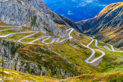 Scenic view of the winding Tremola road in the Swiss Alps, Kanton Tessin, Valley Leventina.