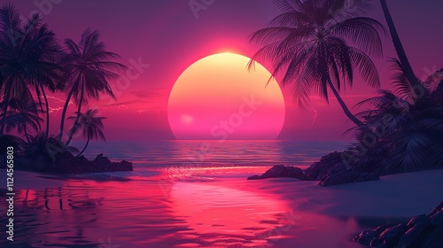 A serene neon scene of a sunset over a peaceful body of neon lake, accompanied by palm trees, Ai Generative.