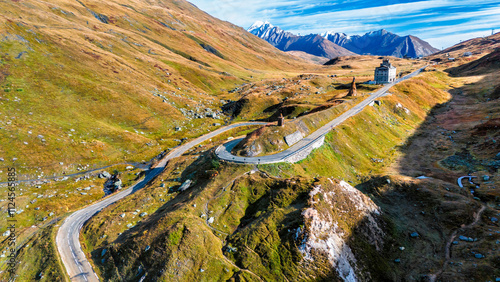 Aerial view of the road to Little Saint Bernard Pass in the Grajischen Alps, France