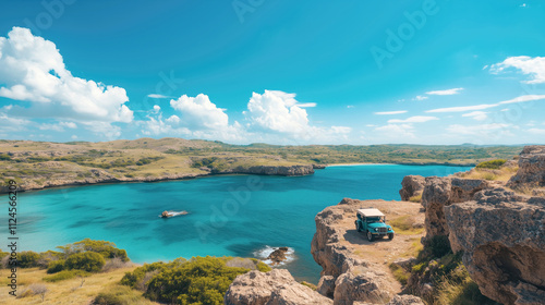 Scenic coastal view with off-road vehicle by the ocean