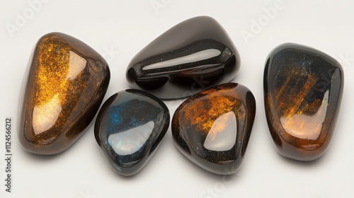 A collection of polished gemstones featuring rich colors and smooth surfaces, showcasing their natural beauty and unique patterns.