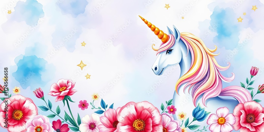 Fototapeta premium Watercolor floral birthday invitation with unicorn horn, unicorn, party
